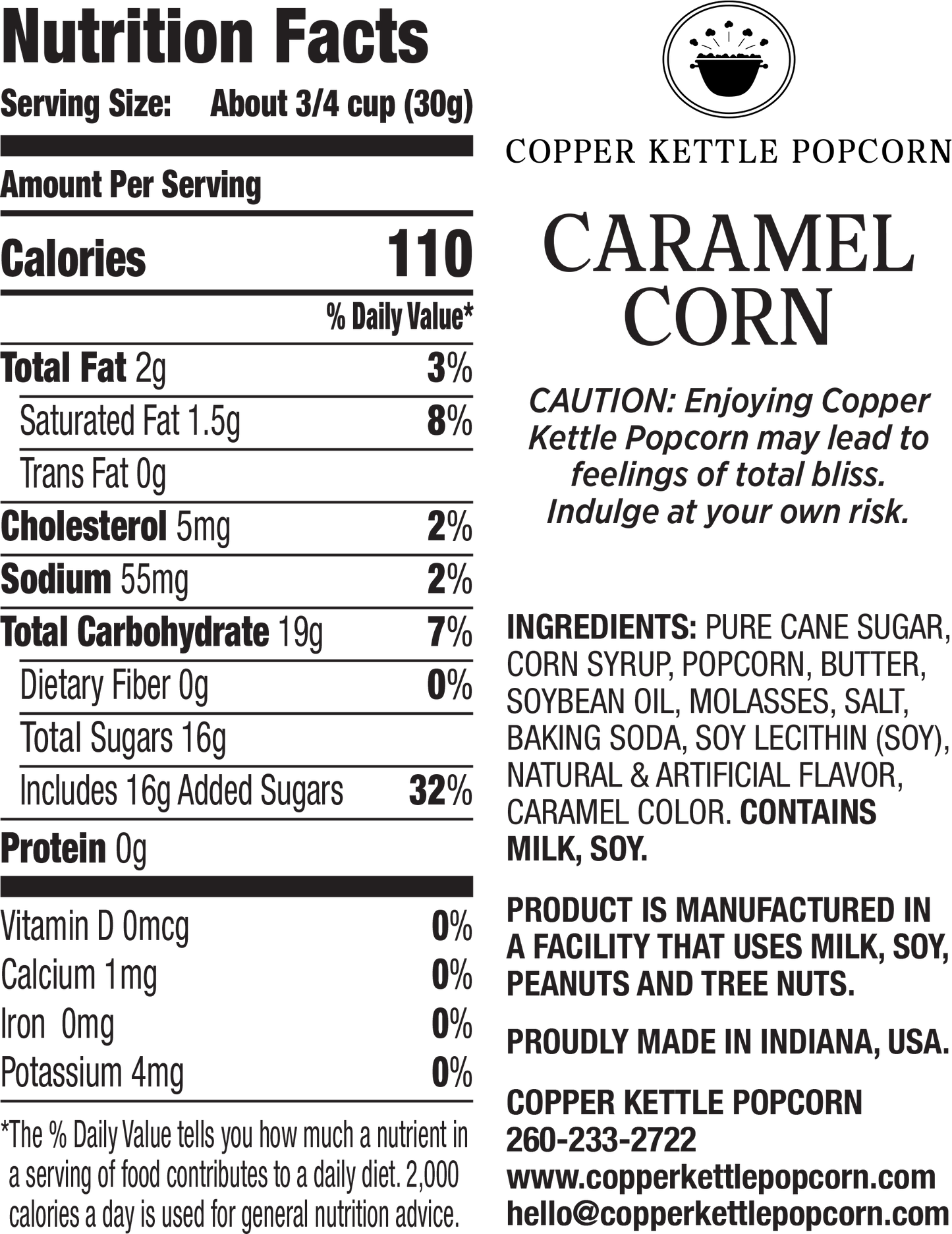 Caramel Corn Bag 4 Servings Nutrition Label