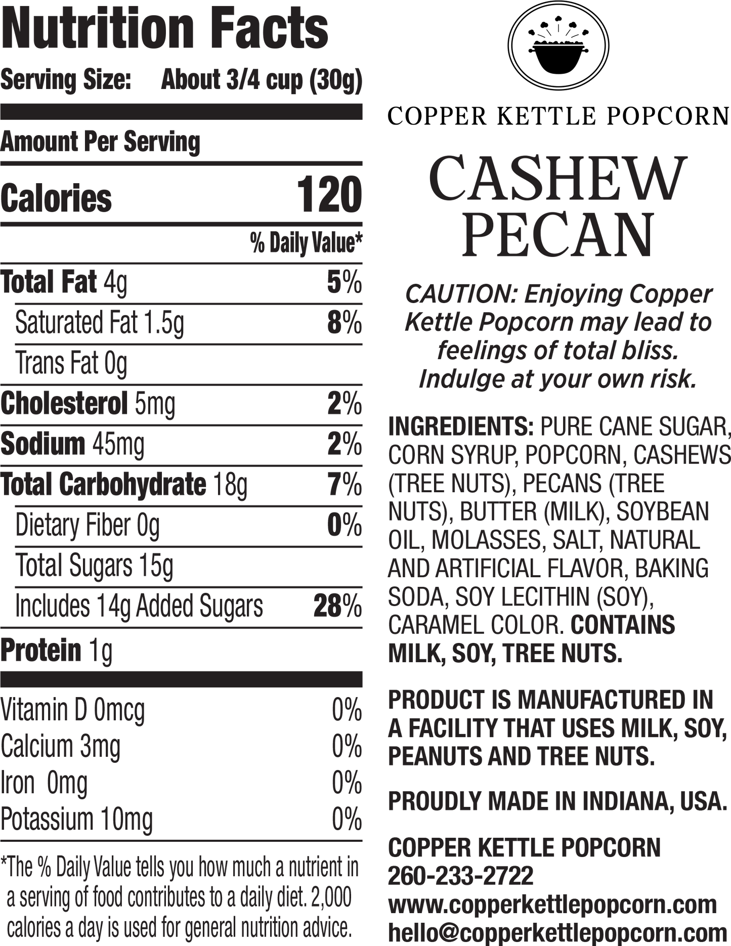 Cashew Pecan Tub 22 Servings Nutrition Label