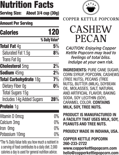 Cashew Pecan Tub 22 Servings Nutrition Label