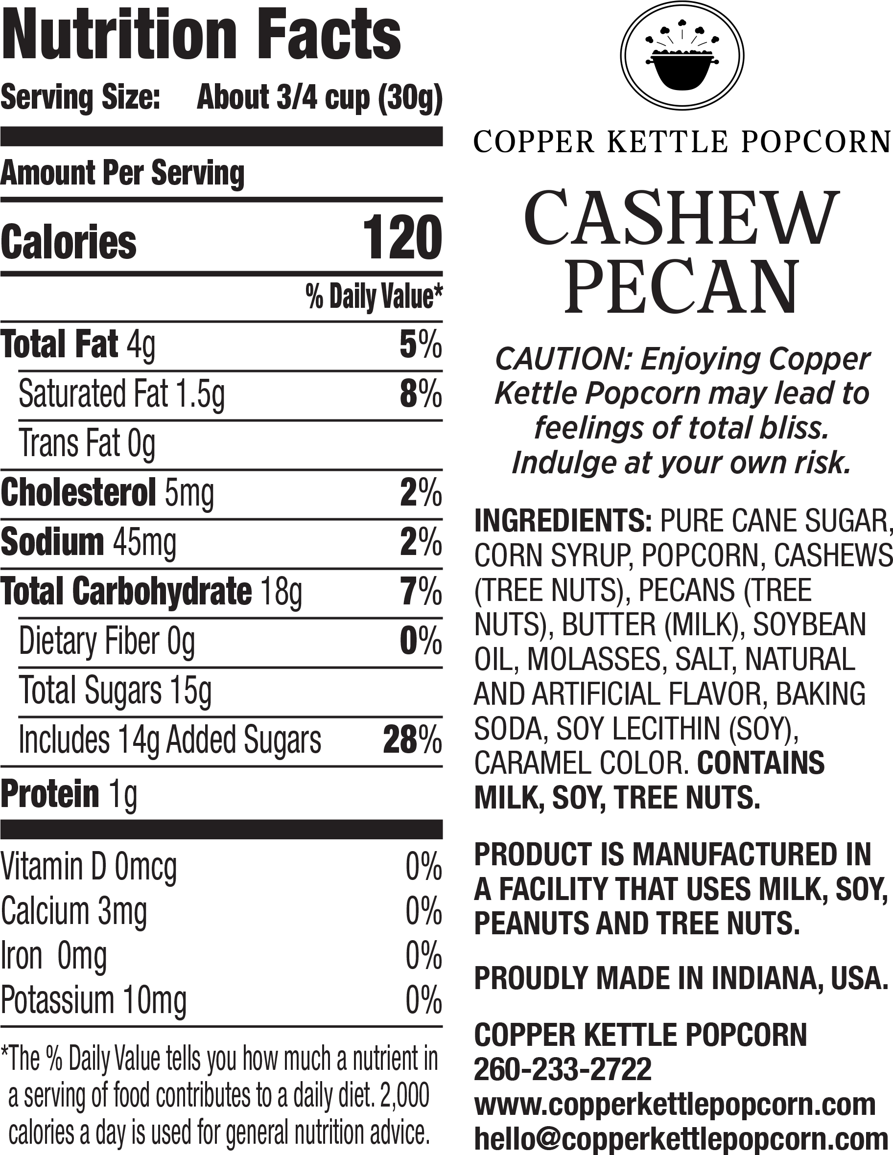 Cashew Pecan Bag 4 Servings Nutrition Label